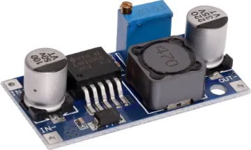 DC-DC Buck Module 3-40V In / 1.5-35V Out Compact, self-contained LM2596 DC-DC module for generating a lower, regulated DC voltage output from a higher voltage supply. Much higher efficiency and lower heat dissipation than traditional linear regulator designs. 3-40V DC input. 1.5-35V output. 3A max.
