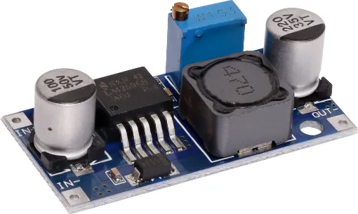 Compact, self-contained LM2596 DC-DC module for generating a lower, regulated DC voltage output from a higher voltage supply. Much higher efficiency and lower heat dissipation than traditional linear regulator designs. 3-40V DC&#8200input. 1.5-35V output. 3A max.