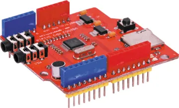 MP3 Audio Shield With Micro SD Card Offers a complete and cost-effective audio solution.
MP3 decoder with control interface, 3.5mm input
(mic) and output jack sockets, and an onboard microphone.
On board micro SD card socket offers easy
media playback. Decodes OGG Vorbis/MP3/AAC/
WMA/MIDI. Records in OGG format. 5V input.