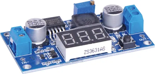 A boost module allowing a low input voltage to be increased to a higher output voltage. Display can be toggled between input and output voltages. Input 3-34V DC. Output 4-35V DC. 2A continuous current. 
Size: 66L x 34W x 14Hmm.