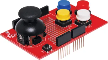 Funduino Joystick Game Shield A joystick and button controller which plugs directly onto an Arduino UNO. Features a header for direct connection to Z 6348 Nokia screen. 3V3 or 5V DC input.  Size: 88L x 54W x 40Hmm.