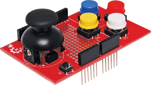 A joystick and button controller which plugs directly onto an Arduino UNO. Features a header for direct connection to Z 6348 Nokia screen. 3V3 or 5V DC input.  Size: 88L x 54W x 40Hmm.