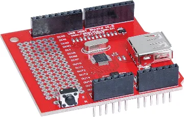 Funduino USB Host Shield Allows you to connect USB peripherals and mass storage devices to your Arduino. Uses the MAX3421E chipset. Fitted with stackable connectors.