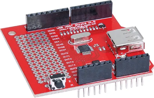 Allows you to connect USB peripherals and mass storage devices to your Arduino. Uses the MAX3421E chipset. Fitted with stackable connectors.