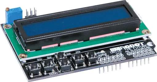 A 16x2 black character screen with green backlight. Push buttons are provided for up, down, left, right and select. Ideal for scrolling and selecting menu options. Works with the LiquidCrystal library in Arduino IDE allowing control with only 6 digital I/O lines.  Standard Arduino shield dimensions and pinouts. 