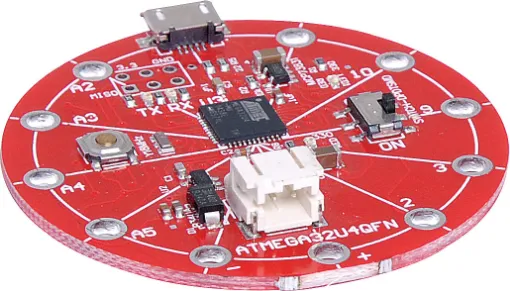 The "lilypad" form factor allows easy building of sewable electronics and e-textile projects.  Can be used with Z 6368 LED sequins. The ATMega 32U4 is an 8-bit AVR microcontroller featuring 32KB self-programming flash program memory and a 12-channel 10-bit A/D-converter.