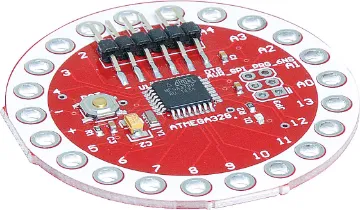 Funduino Lilypad Style ATmega328 Development Board The "lilypad" form factor allows easy building of sewable electronics and e-textile projects.  Can be used with Z 6368 LED sequins.  It has 14 digital input/output pins (of which 6 can be used as PWM outputs) and 6 analog inputs. 50mmØ.