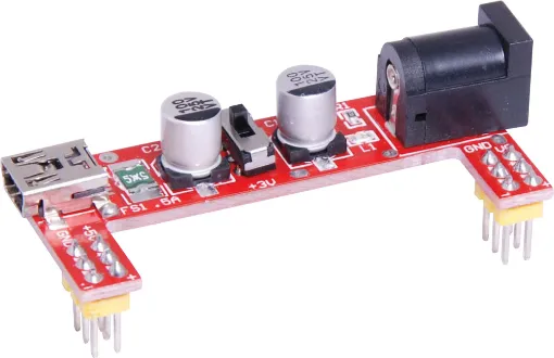 A compact module that makes the most of your precious breadboard space. Supplies both power busses with either 3.3V or 5V DC (switch selectable). USB 5V input or 6-12V input via 2.1mm DC jack.  Suits P 1002, P 1009A,&#8200;P 1012A and P 1015A.