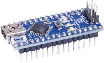 Funduino Nano 3.0 Compatible Development Board An Arduino compatible nano board featuring the ATmega328p chip. A compact, breadboard friendly version of the Arduino UNO. USB mini B connection for power and serial.  5V DC input.  Small size makes it perfect for embedding into your projects.  
Size: 46L x 18W x 18Hmm.