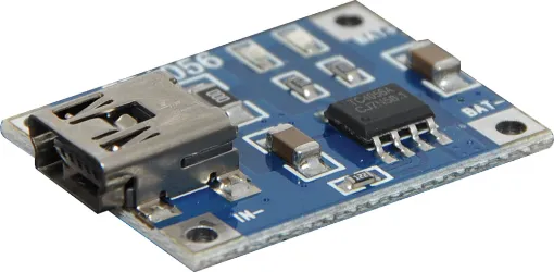 Provides a 1A charging current to a single lithium cell from a 5V DC input. Can be powered by USB (mini-B socket provided). LED indicators on board.