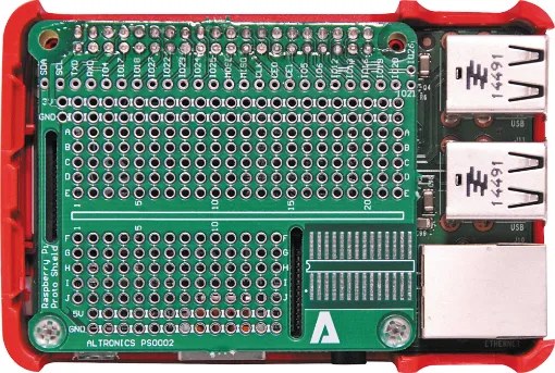 A prototyping HAT that fits inside a Raspberry Pi case!
Soldermasked 0.1" holes, plus 28 SMD IC area. Includes 40 pin header (unsoldered). Slots included for display & camera cables.
