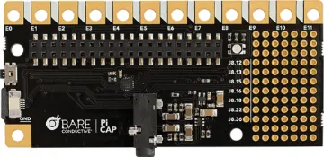 Pi Cap Module to suit Raspberry Pi The Pi Cap is an addon board for the Raspberry Pi A+, B+, 2 B, 3 B and Zero. It features a dedicated capacitive sensing IC, 3.5mm stereo audio output, push switch, RGB LED and prototyping area