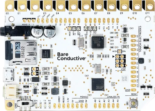 The Touch Board is a microcontroller board with dedicated capacitive touch and MP3 decoder ICs. It has a headphone socket and micro SD card holder (for file storage), as well as having 12 capacitive touch electrodes. It is based around the ATmega32U4 and runs at 16MHz from 5V. It has a micro USB connector, a JST connector for an external lithium po