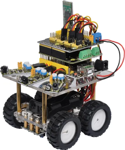 This smart car kit uses the power of Arduino to provide a customisable line tracking and obstacle avoidance robot which can be modified, tweaked and upgraded. It features 4 wheels with acrylic
base. The IR and line tracking sensors keep the robot from bumping
into anything, whilst on board bluetooth allows control from your
smartphone.