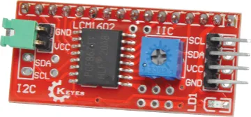 IIC/I2C Display Interface Adapter Connects to a 16x2 LCD module allowing you to drive the screen from just 2 IO pins on an Arduino development board. 5V input. Supports I2C protocol.
