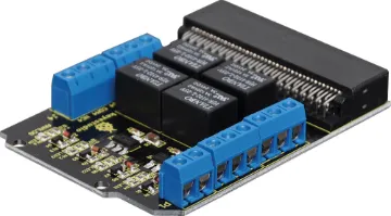 4 Relay Control Board for BBC Microbit This control board features 4 x 3A 120V AC/24V DC rated relays for building in device control, and trigger other systems in your design.