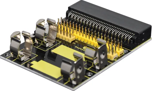 This power breakout board allows you to break out all the micro:bit pins, plus provides power via 2 x AA batteries. The board also includes short power lead adaptor.