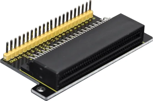 Plug in your micro:bit and breakout every pin to a standard header. Allowing you to connect it to other components using jumper wire. 