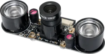 Raspberry Pi 5MP Night Vision Camera Board plugs directly into the CSI connector on the Raspberry Pi, and features two high-intensity Infrared LED spotlights for night time recording!