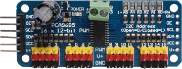16 Channel PWM Servo Control Board This 16 Channel PWM Servo Control Board is a versatile module that allows you to control up to 16 servos using only 2 pins via I2C communication.