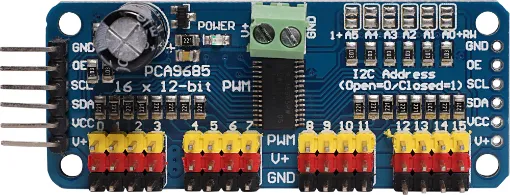 This 16 Channel PWM Servo Control Board is a versatile module that allows you to control up to 16 servos using only 2 pins via I2C communication. 