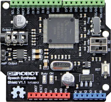 DFR0273 Arduino Speech Synthesis Shield This Speech Synthesis Shield is designed to be easily stacked upon any standard arduinos. It uses a XFS5051CE speech synthesis chip from IFLYTEK which combines world leading technology and high degree of integration.