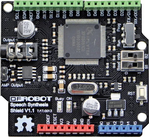 This Speech Synthesis Shield is designed to be easily stacked upon any standard arduinos. It uses a XFS5051CE speech synthesis chip from IFLYTEK which combines world leading technology and high degree of integration. 