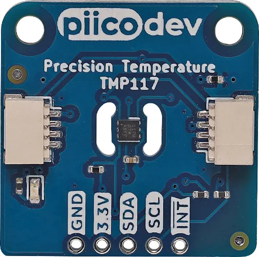The PiicoDev Precision Temperature Sensor features a low-power, high precision TMP117 with 16-bit resolution and an accuracy of ±0.1°C (across -20°C to +50°C) with no calibration required.
