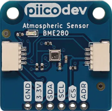 PiicoDev BME280 Atmospheric Sensor The PiicoDev® Atmospheric Sensor allows you to easily measure barometric pressure, humidity, and temperature. Use it to build your own weather station or perform experiments.