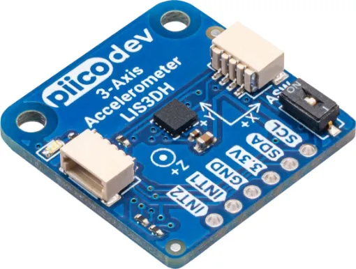 The on-board LIS3DH can measure 16-bit acceleration data in ranges from 2g to 16g in all 3 axes. 