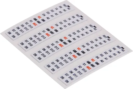 Handy stickers for your Atmega328p chips. Great for reminding you of the appropriate pinouts for your DIY Arduino prototype. Printed on quality Arlon UV vinyl. 
